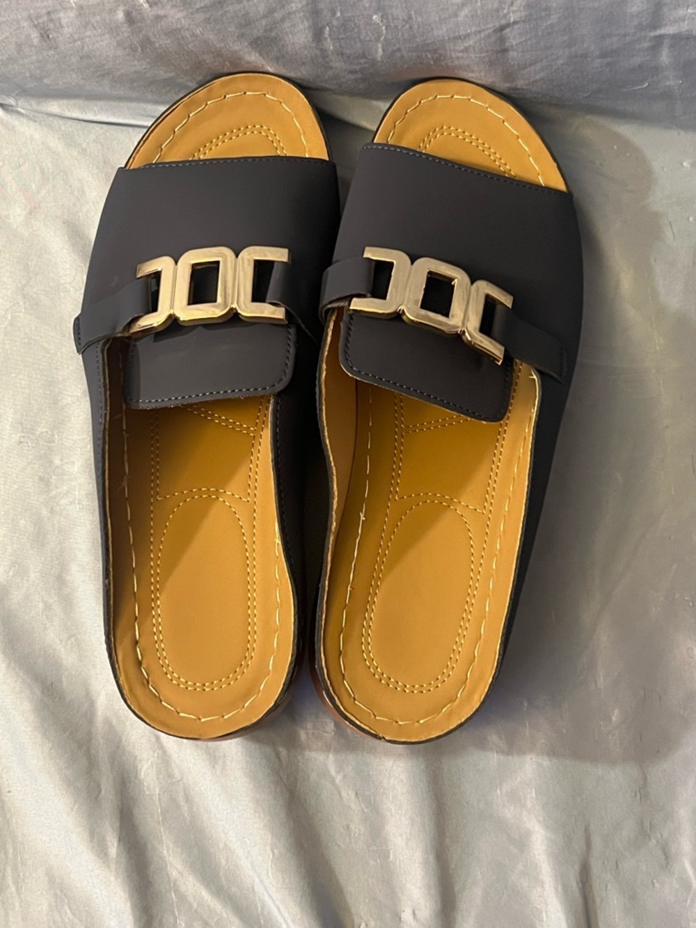 Women's Dark Blue Slip-On Mules with Gold Accent